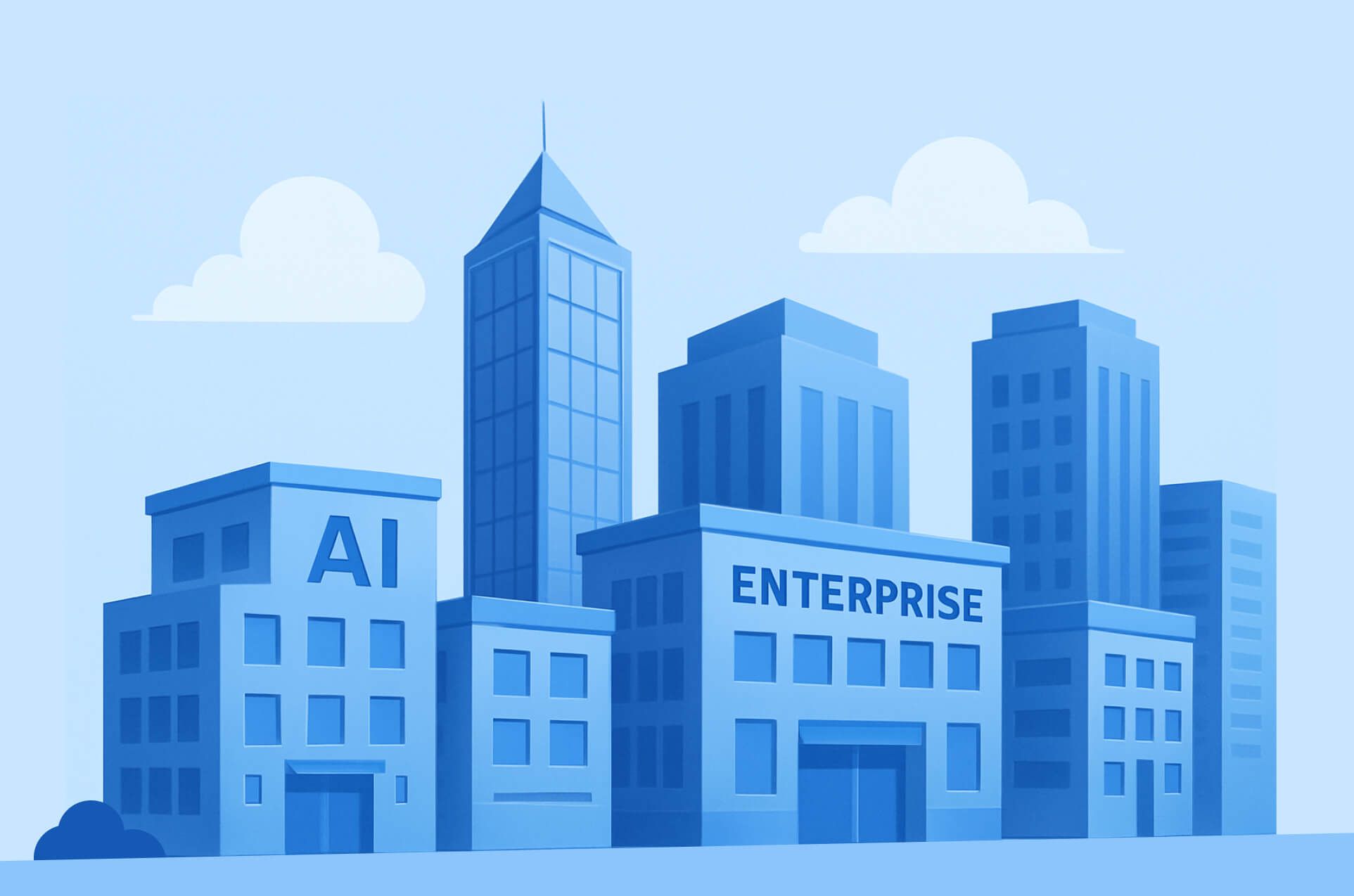 Flat illustration of a blue city skyline, with the low building on the left lettered "AI" and the wide building at centre lettered "ENTERPRISE".