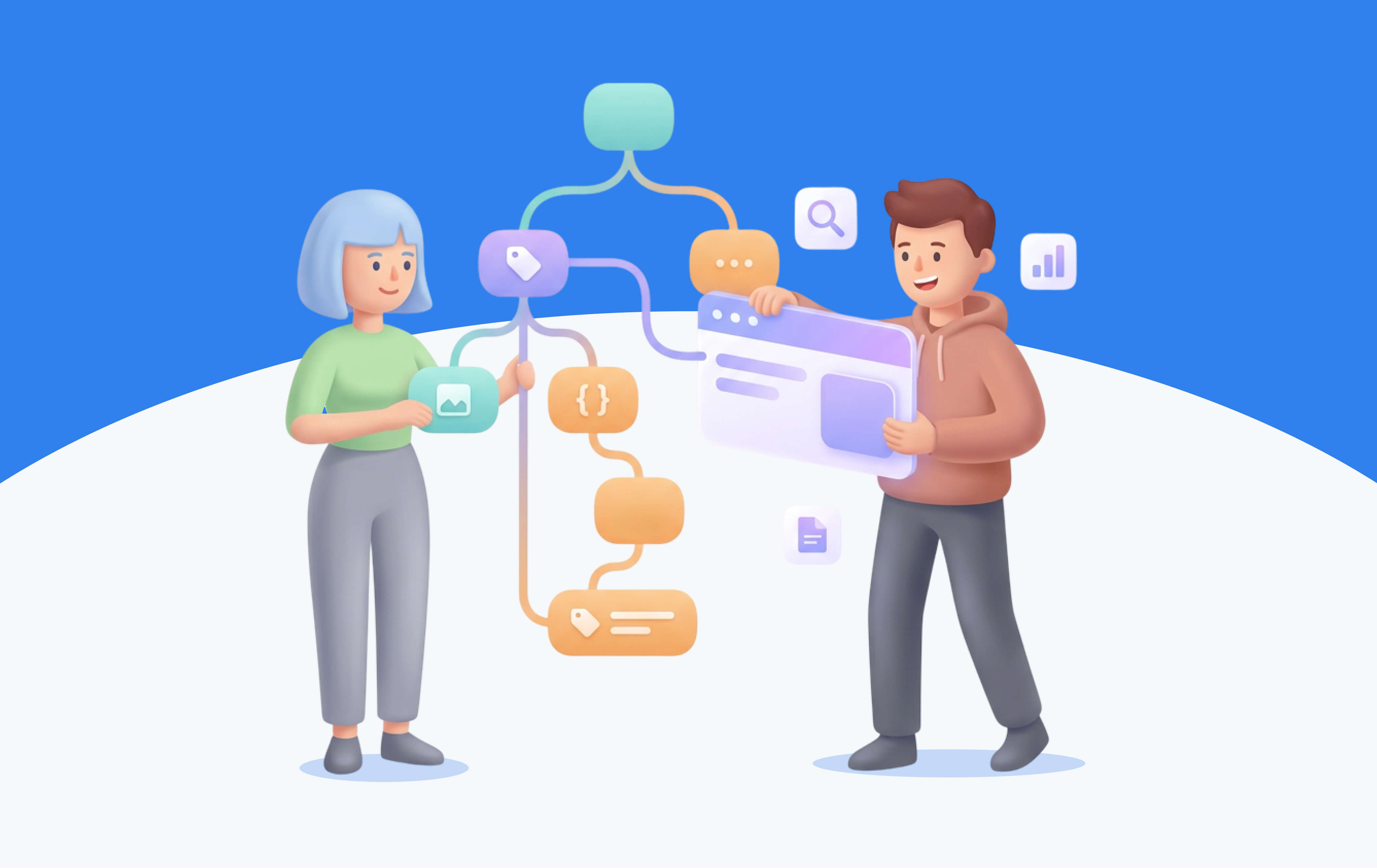 Illustration of two people collaborating on data organization, with connected icons representing structured and semi-structured data, including images, tags, code, and analytics, against a blue background.