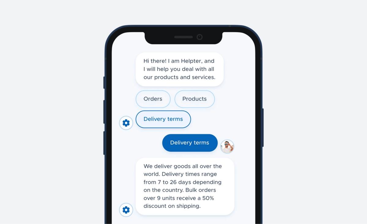 Phone mockup of a commercial-equipment chatbot called Helpter offering Orders, Products and Delivery terms options, then explaining worldwide delivery in 7 to 26 days and a 50% shipping discount on bulk orders over 9 units