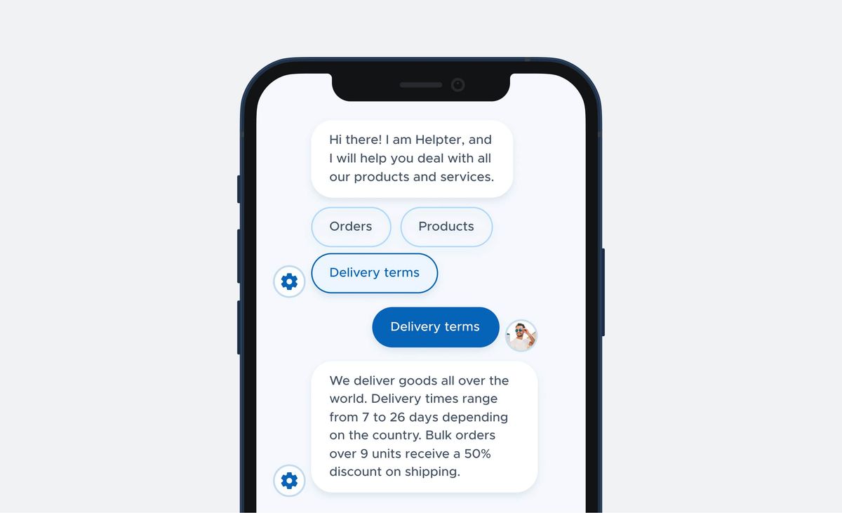 Phone mockup of a commercial-equipment chatbot called Helpter offering Orders, Products and Delivery terms options, then explaining worldwide delivery in 7 to 26 days and a 50% shipping discount on bulk orders over 9 units