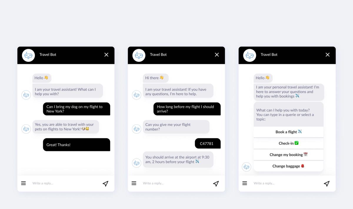 Three screens of a Travel Bot: confirming a dog can travel on a flight to New York, telling the traveller to arrive at 9:30 am two hours before flight C47781, and offering Book a flight, Check-in, Change my booking and Change baggage