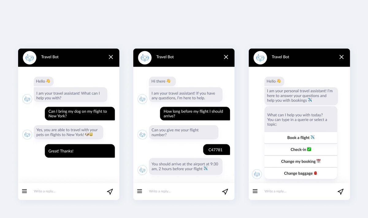 Three screens of a Travel Bot: confirming a dog can travel on a flight to New York, telling the traveller to arrive at 9:30 am two hours before flight C47781, and offering Book a flight, Check-in, Change my booking and Change baggage