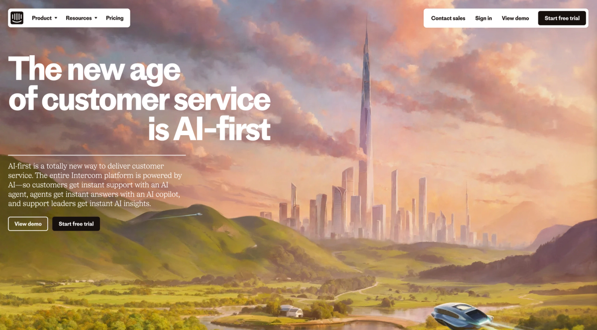The Intercom homepage: “The new age of customer service is AI-first” over a wide landscape illustration.