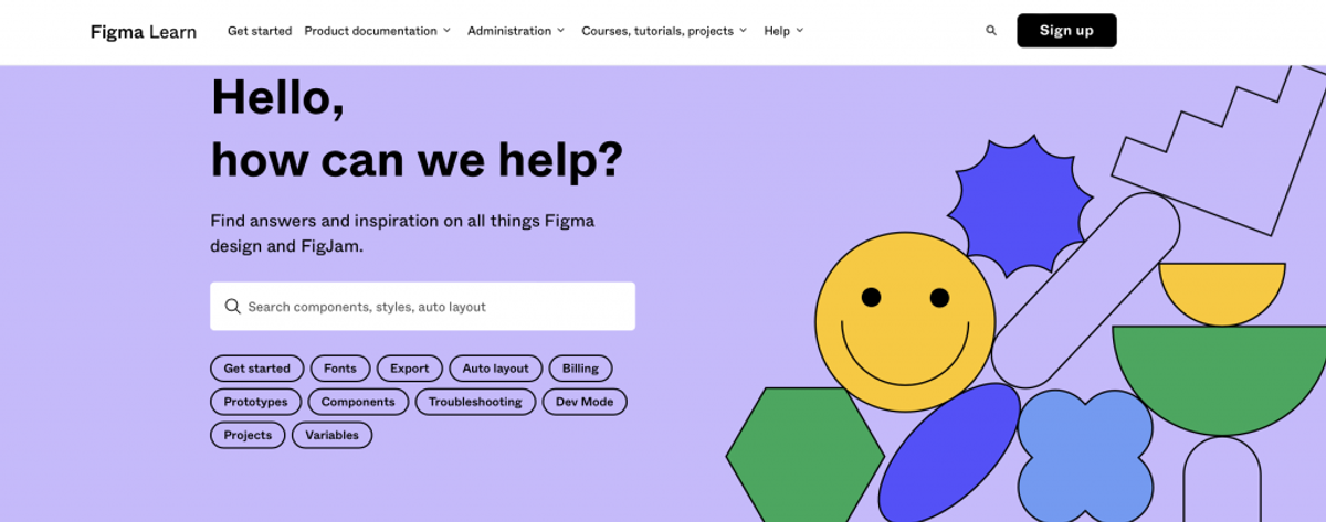 Figma Learn's help centre: "Hello, how can we help?" over a search box and topic pills for Get started, Fonts, Export, Auto layout, Billing, Prototypes, Components, Troubleshooting, Dev Mode, Projects and Variables