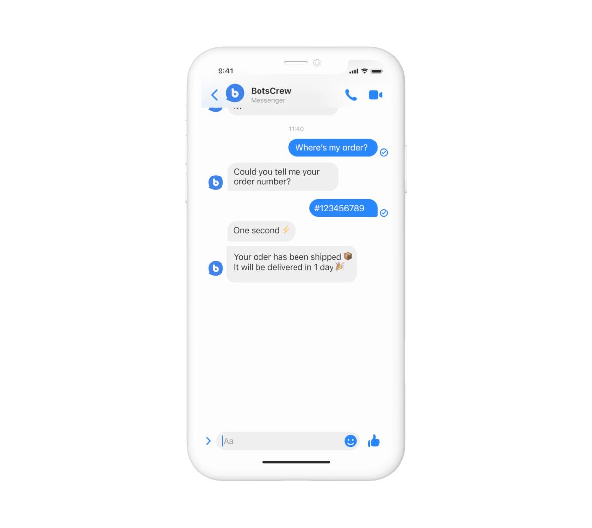 Messenger order-status conversation: the customer asks where their order is, gives order number #123456789, and the BotsCrew bot replies that the order has shipped and will be delivered in one day