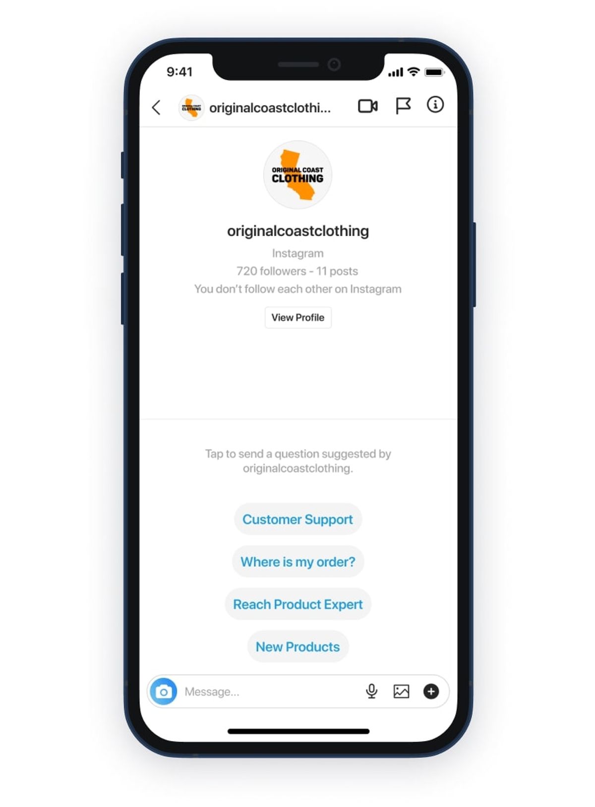 The Instagram Ice Breakers feature: a new chat opening with a short list of tappable FAQ questions for the customer to choose from