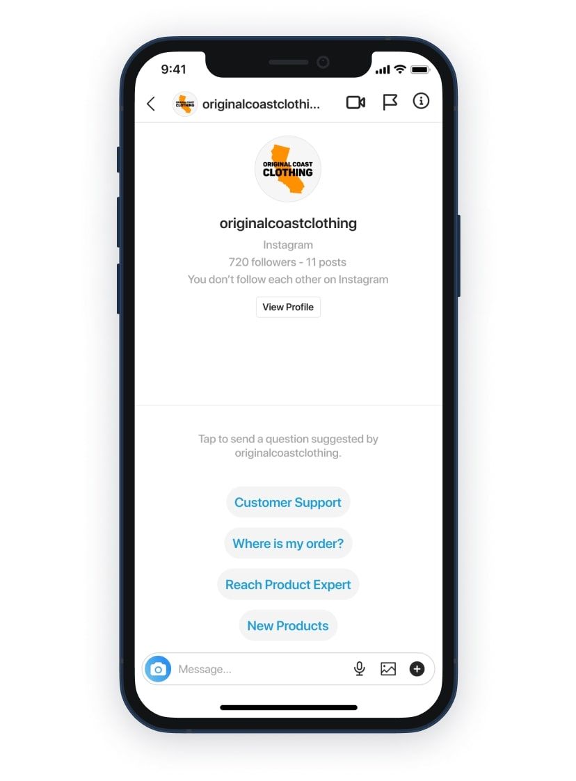 The Instagram Ice Breakers feature: a new chat opening with a short list of tappable FAQ questions for the customer to choose from
