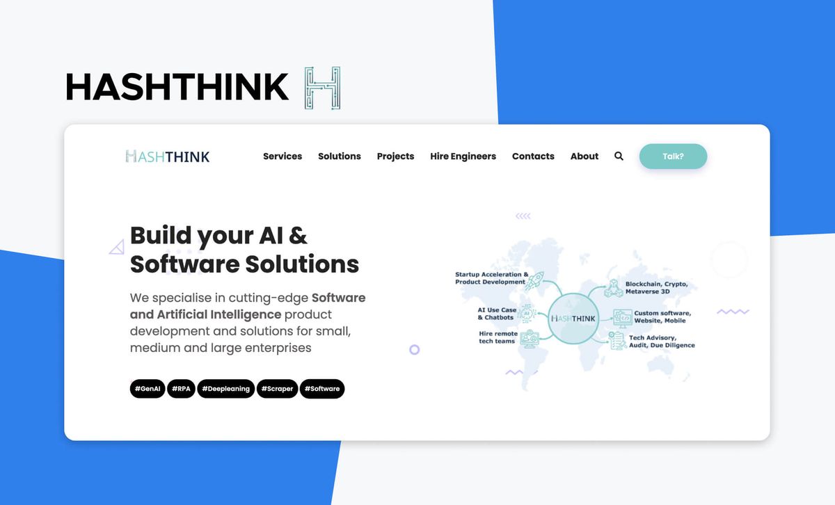 The HashThink logo above a screenshot of the HashThink site, headlined 'Build your AI & Software Solutions'