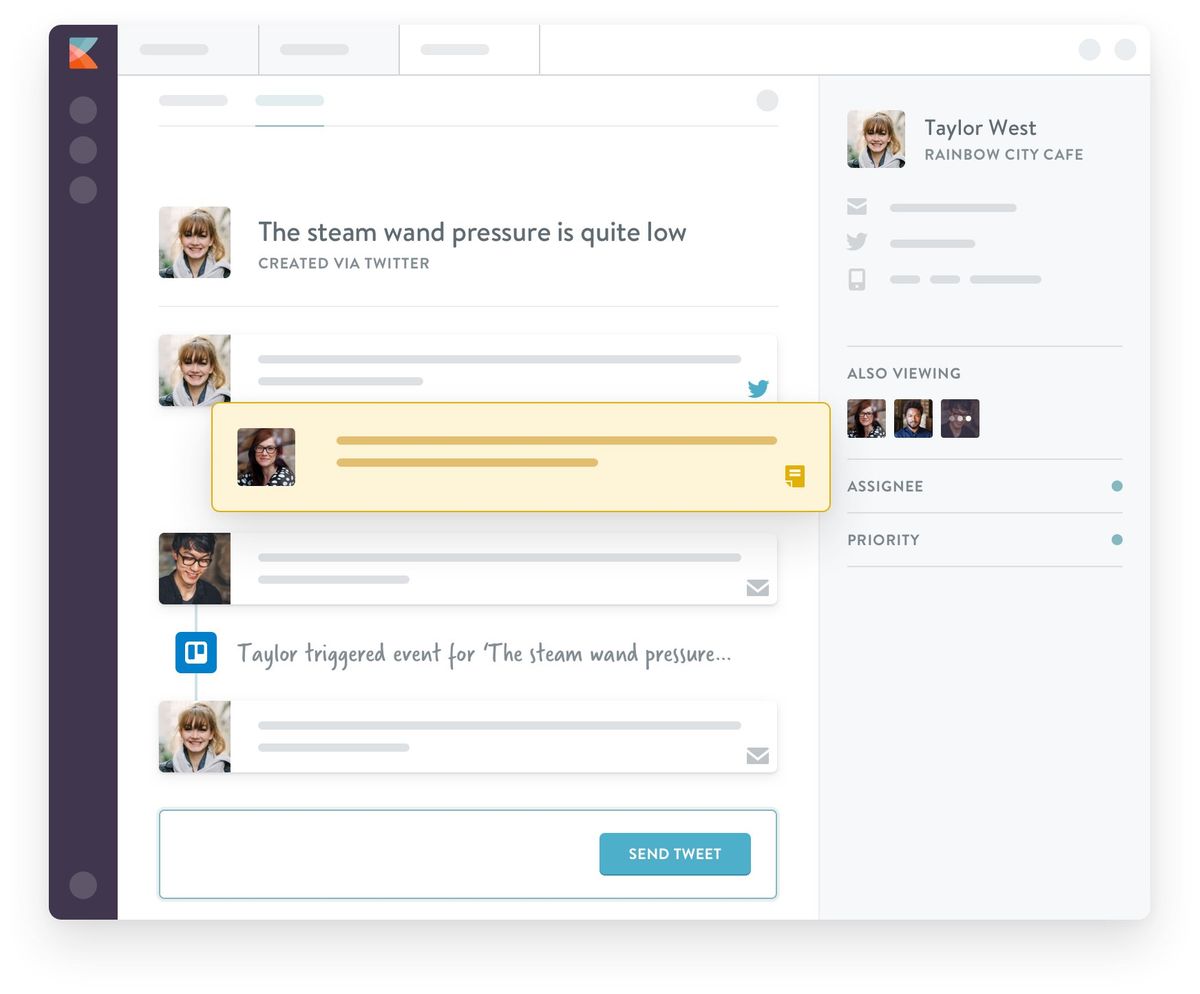 Kayako shared inbox showing a conversation created via Twitter, “The steam wand pressure is quite low”, with a highlighted internal note, a Trello event in the thread, a Send Tweet reply box, and a right-hand panel naming the customer, who else is viewing, the assignee and the priority