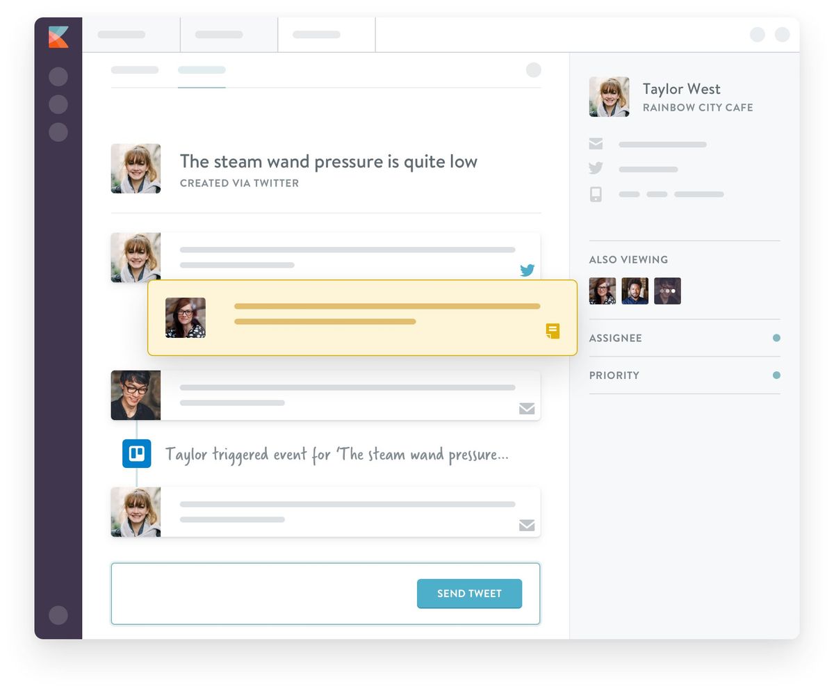 Kayako shared inbox showing a conversation created via Twitter, “The steam wand pressure is quite low”, with a highlighted internal note, a Trello event in the thread, a Send Tweet reply box, and a right-hand panel naming the customer, who else is viewing, the assignee and the priority