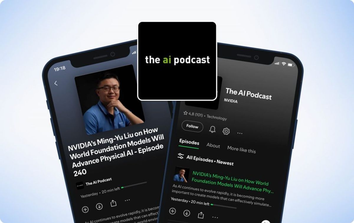 The AI Podcast by Nvidia cover art beside the show open in a podcast app on two phones