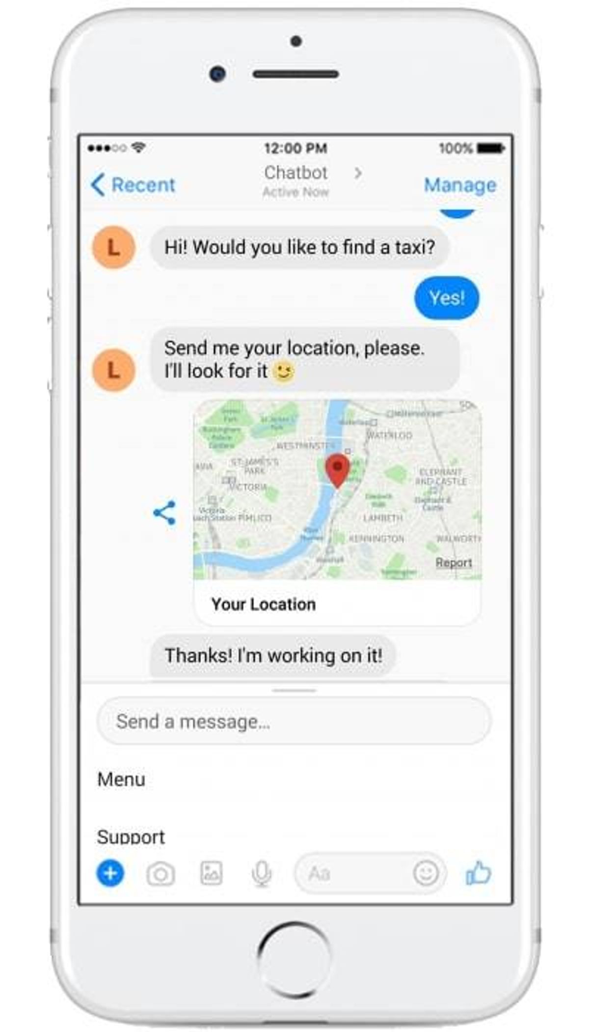 Facebook Messenger taxi bot on a phone: “Hi! Would you like to find a taxi?”, “Yes!”, “Send me your location, please. I’ll look for it”, a shared map pin, then “Thanks! I’m working on it!”