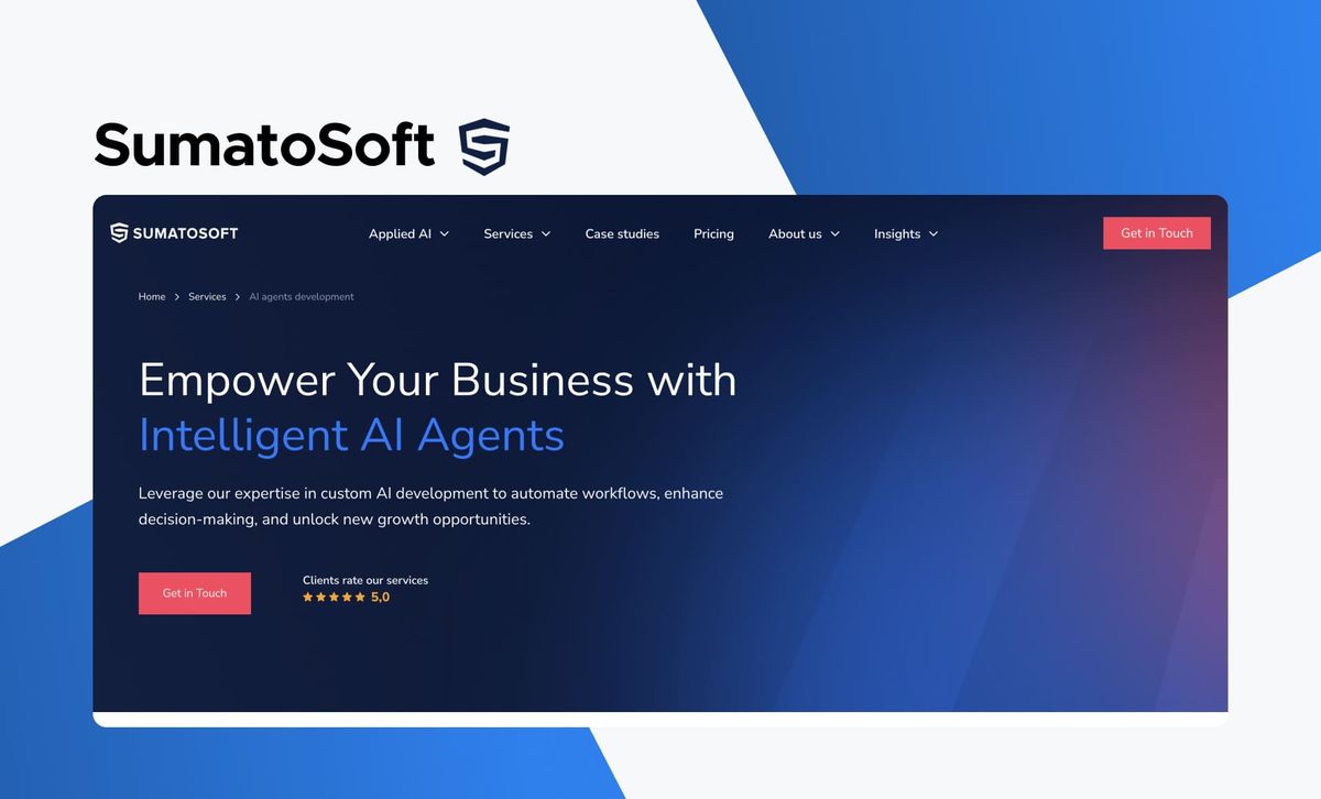 The SumatoSoft wordmark above a screenshot of the SumatoSoft AI agents development page, headlined 'Empower Your Business with Intelligent AI Agents' with a five-star client rating