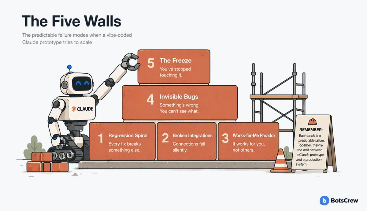 The Five Walls: the predictable failure modes when a vibe-coded Claude prototype tries to scale. A robot badged CLAUDE stacks a pyramid of brick-red panels beside scaffolding and a site sign. Bottom row: 1 Regression Spiral, every fix breaks something else; 2 Broken Integrations, connections fail silently; 3 Works-for-Me Paradox, it works for you, not others. Middle: 4 Invisible Bugs, something's wrong and you can't see what. Top: 5 The Freeze, you've stopped touching it. The sign reads: remember, each brick is a predictable failure, and together they're the wall between a Claude prototype and a production system.