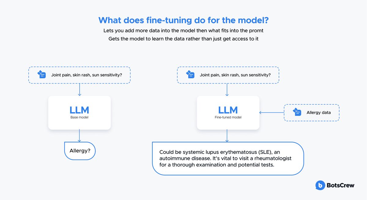 "What does fine-tuning do for the model?" — it lets you add more data than fits in the prompt and gets the model to learn the data rather than just access it. The same question, "Joint pain, skin rash, sun sensitivity?", gets "Allergy?" from the base model and, from a model fine-tuned on allergy data, "Could be systemic lupus erythematosus (SLE), an autoimmune disease. It's vital to visit a rheumatologist for a thorough examination and potential tests."