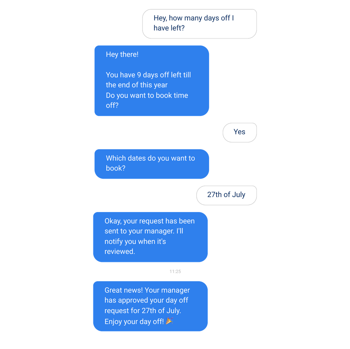 Chat transcript: an employee asks how many days off they have left, the bot answers 9, books the 27th of July, sends the request to their manager and confirms the approval