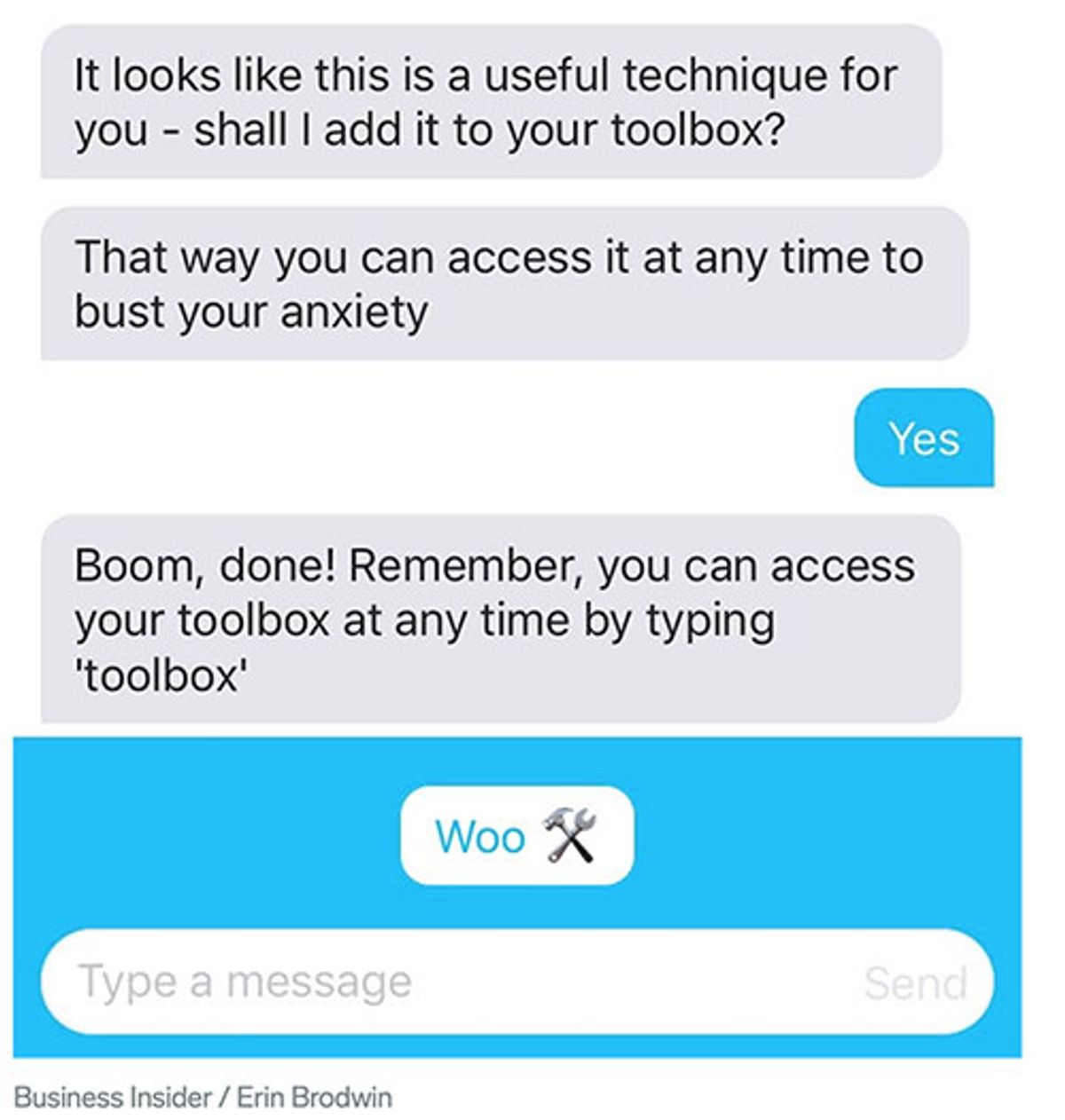 Woebot offering to save a technique to the user's toolbox so they can reach it again at any time