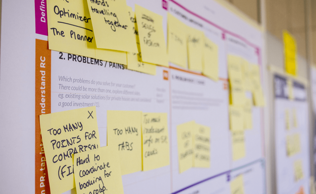 A discovery workshop wall of printed canvases covered in handwritten sticky notes about user problems