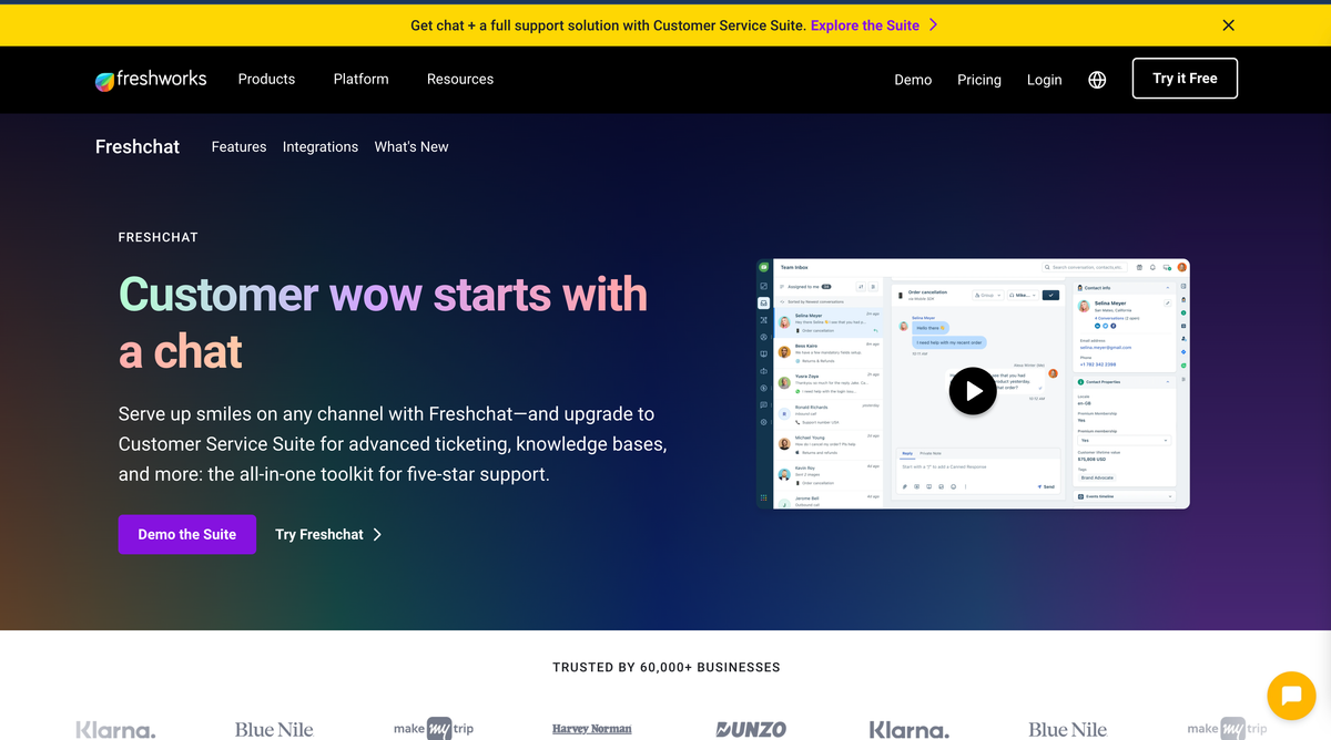 The Freshchat homepage: “Customer wow starts with a chat” beside a product video thumbnail, over a row of Klarna, Blue Nile and Dunzo logos.