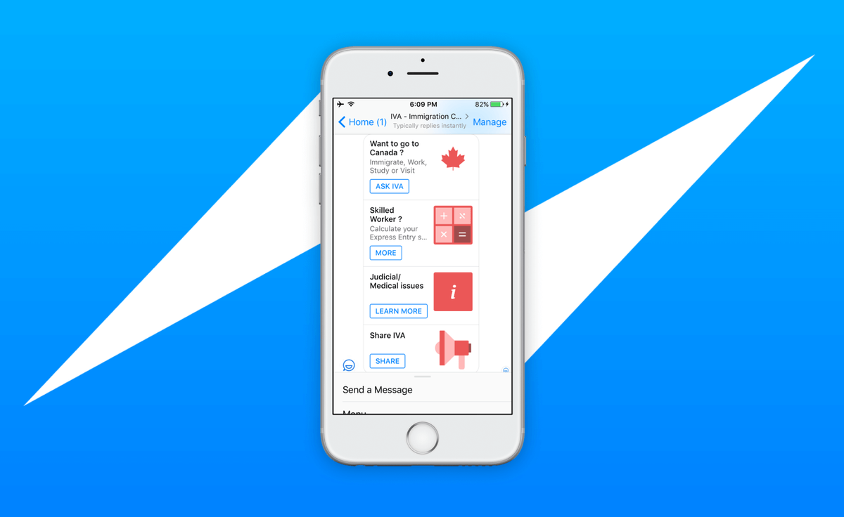 The IVA immigration chatbot in Facebook Messenger showing menu cards for Canada immigration options