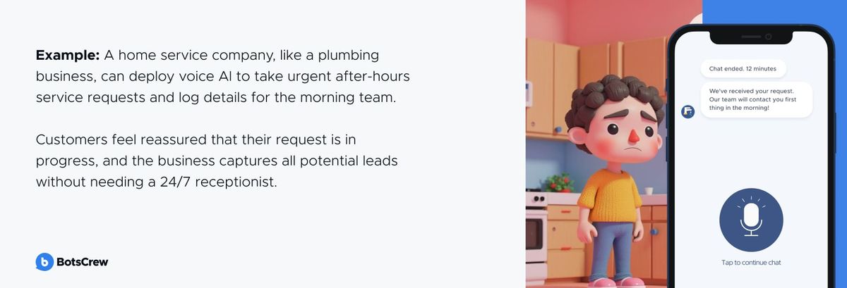 Example: a home service company such as a plumbing business deploys voice AI to take urgent after-hours service requests and log the details for the morning team, so customers are reassured their request is in progress and the business captures every lead without a 24/7 receptionist