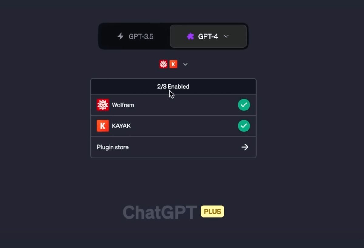 The ChatGPT Plus model picker set to GPT-4 with a plugins dropdown open beneath it reading “2/3 Enabled”, Wolfram and KAYAK both ticked, and a “Plugin store” link below them.