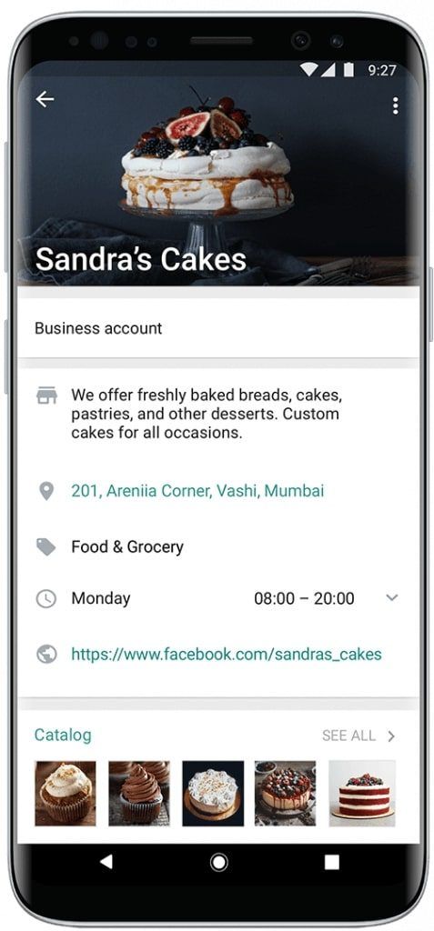 The Sandra's Cakes business profile on WhatsApp scrolled down to a Catalog strip of five product photos with a "See all" link
