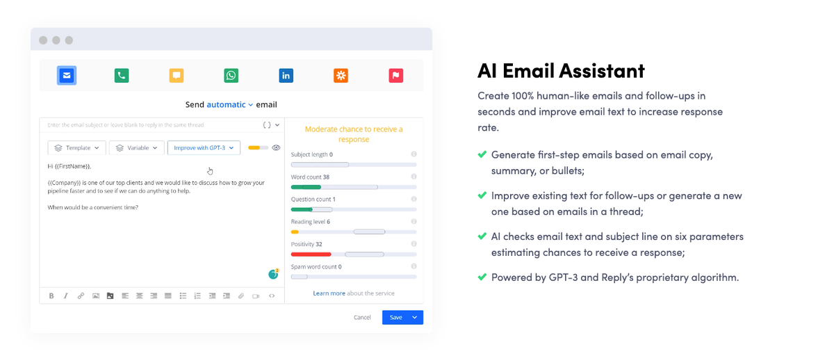 Reply.io's AI Email Assistant: on the left a composer window with channel icons (email, call, SMS, WhatsApp, LinkedIn), an "Improve with GPT-3" control and a draft message, beside a scoring panel reading "Moderate chance to receive a response" with bars for subject length, word count, question count, reading level, positivity and spam word count; on the right the heading "AI Email Assistant" over four ticked points about generating first-step emails, improving follow-ups, checking six parameters, and being powered by GPT-3 and Reply's proprietary algorithm.