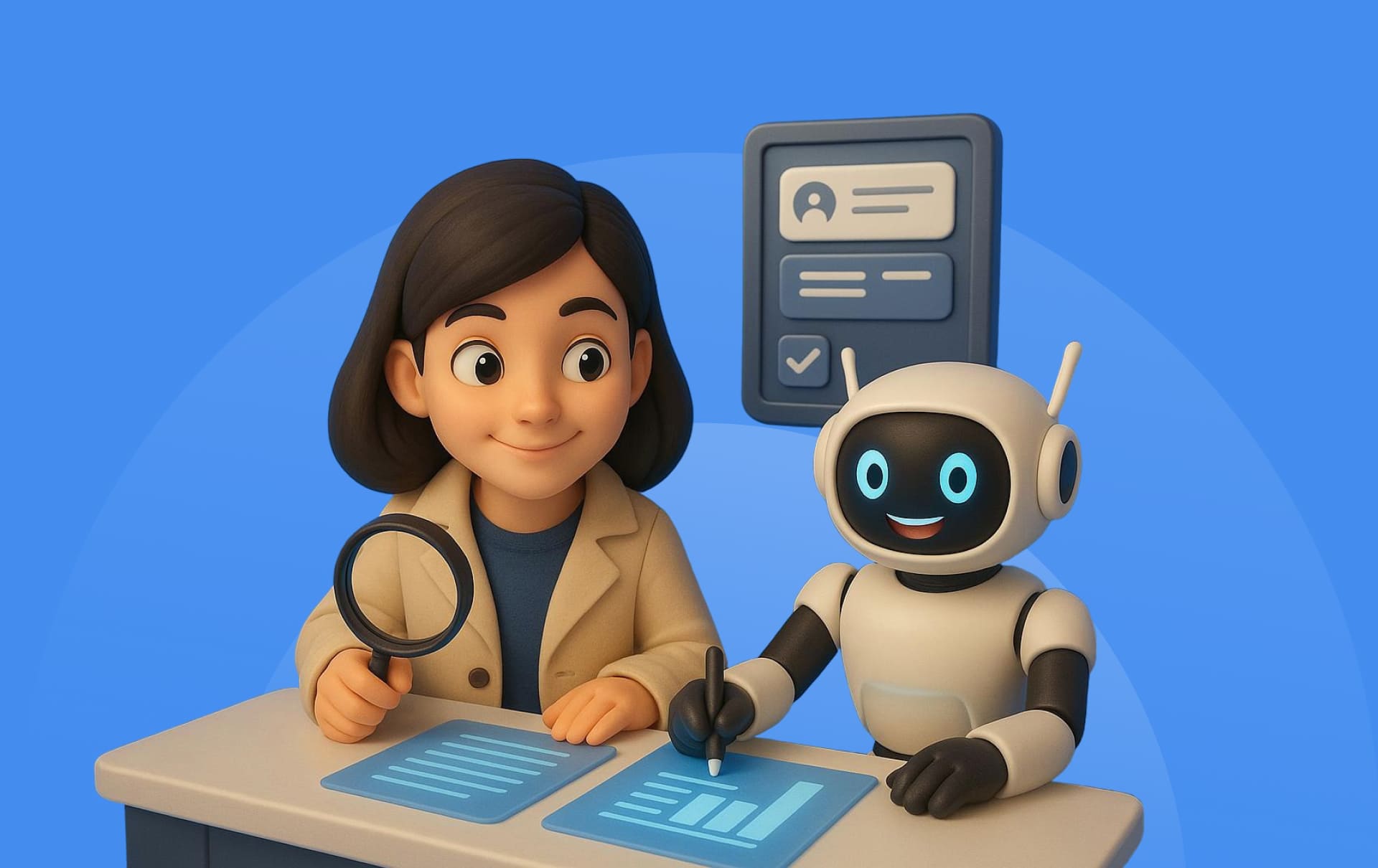 An illustrated businesswoman holding a magnifying glass beside a friendly robot signing a document at a desk, under a checklist panel, on a blue background