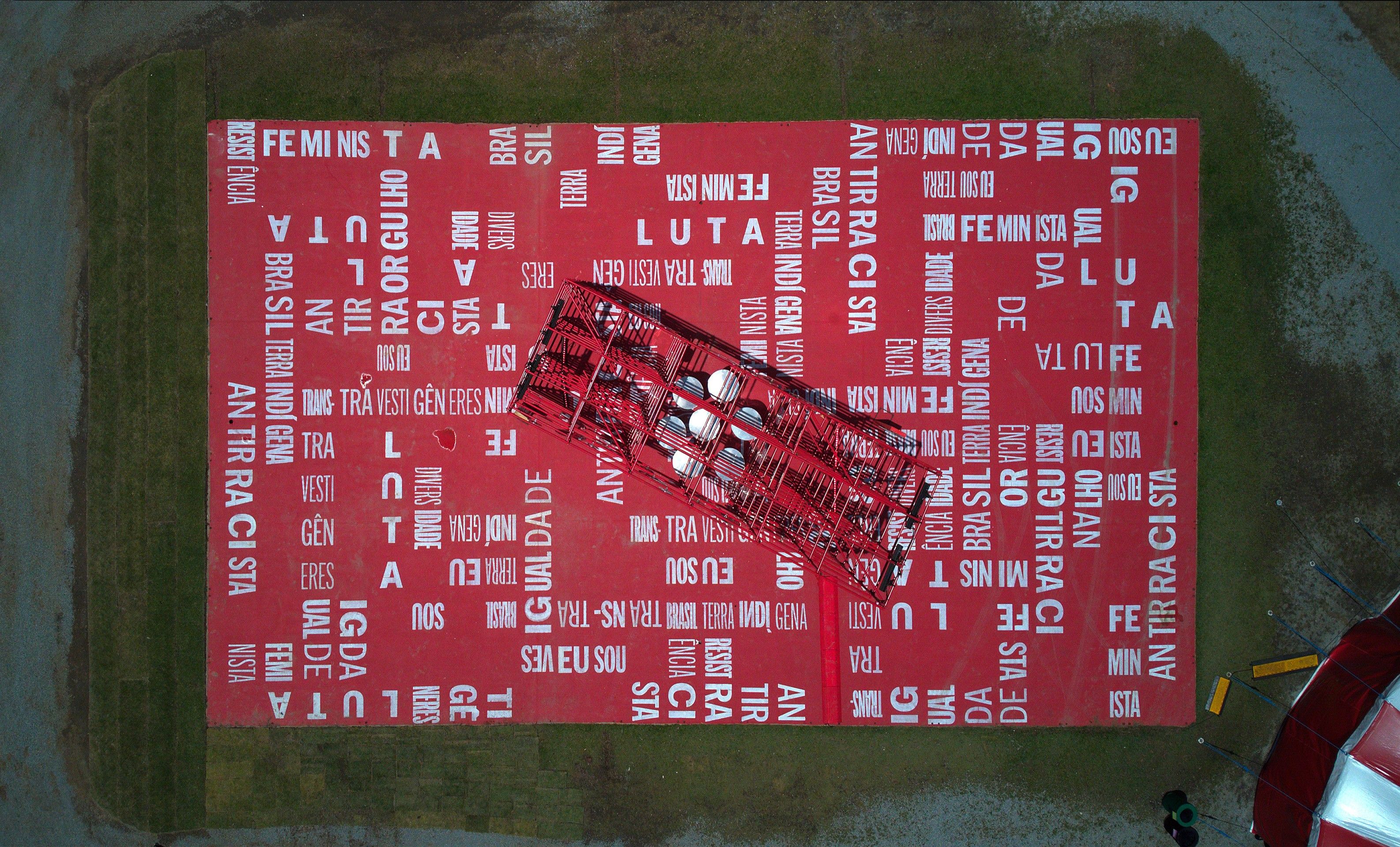 Drone shot of installation made by Gustavo Prado, Carollina Lauriano and João Doria de Souza shown at the "Rock the Mountain" festival in Rio de Janeiro, Brasil