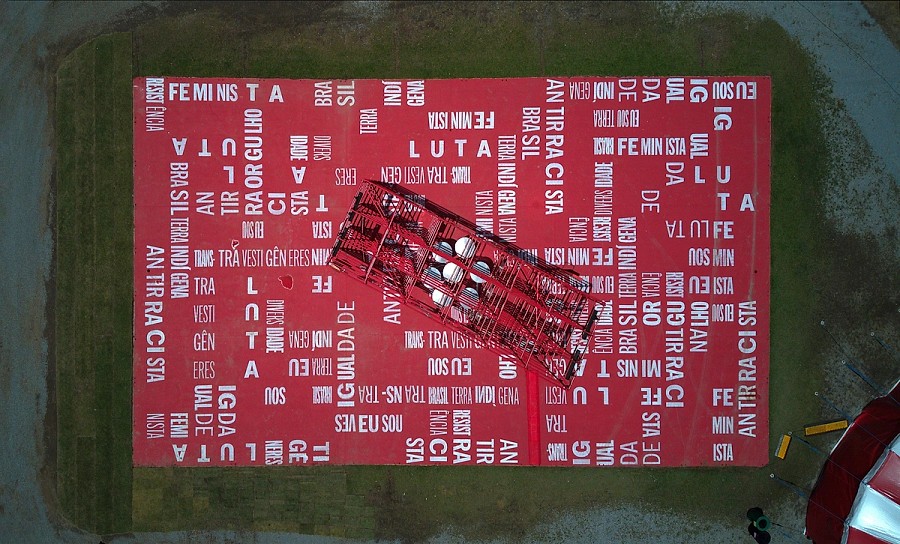 Drone shot of installation made by Gustavo Prado, Carollina Lauriano and João Doria de Souza shown at the "Rock the Mountain" festival in Rio de Janeiro, Brasil