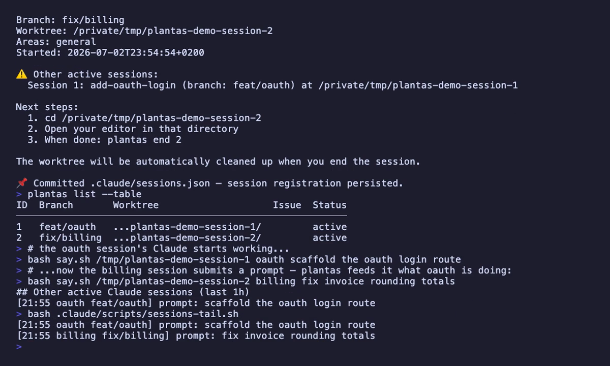 plantas-cli terminal demo — to parallelle sesjoner med krysssesjonsbevissthet