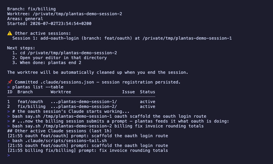 plantas-cli terminal demo — to parallelle sesjoner med krysssesjonsbevissthet