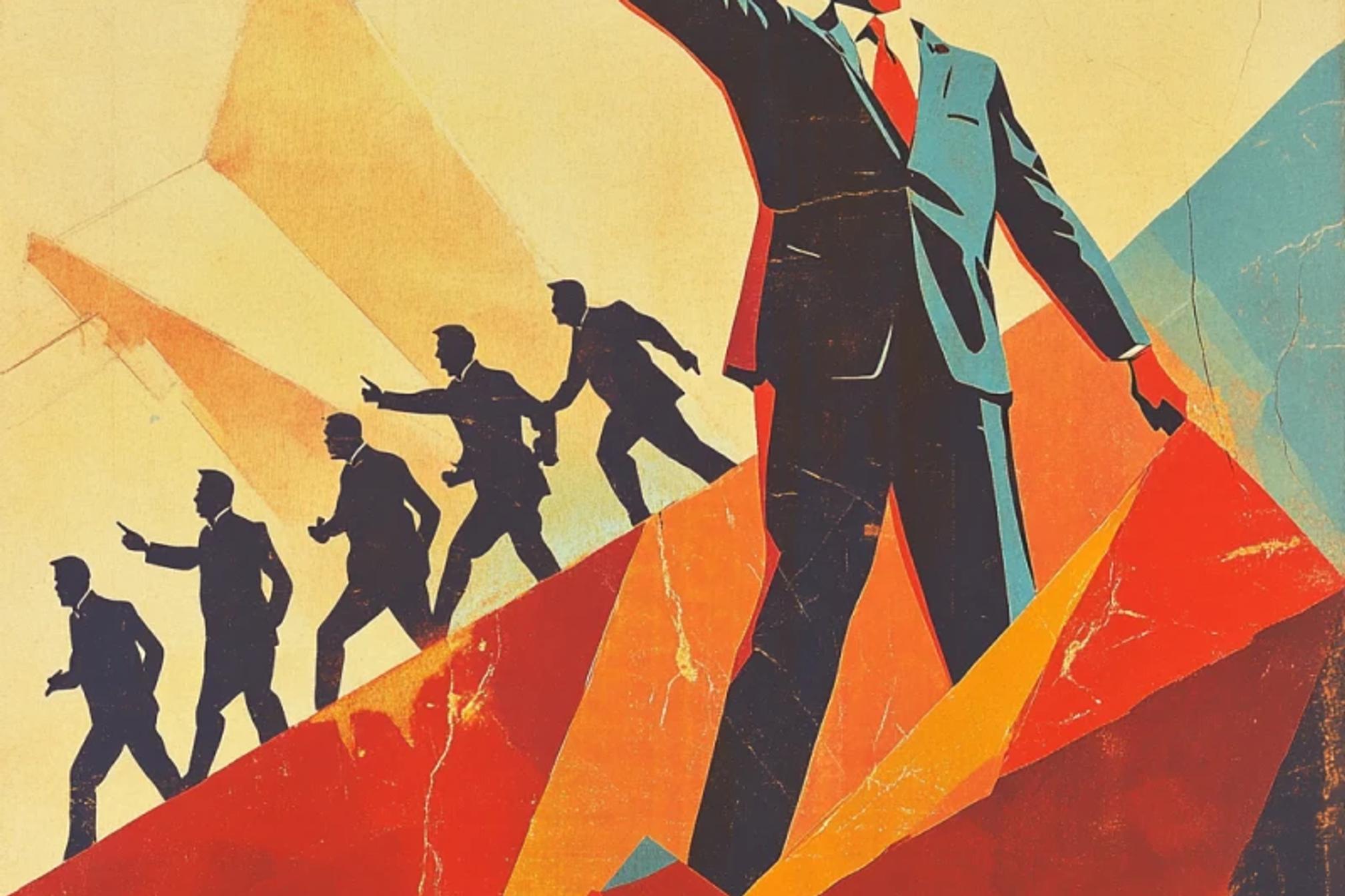 An archetype business leader in the foreground pointing in a direction, with silhouette of team moving in a different direction in background.