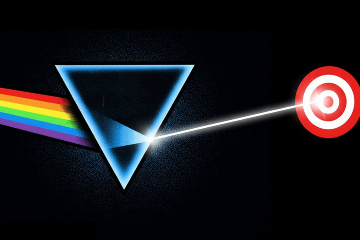 Array of colours passing through a prism converging in a single beam of white light hitting a target bullseye