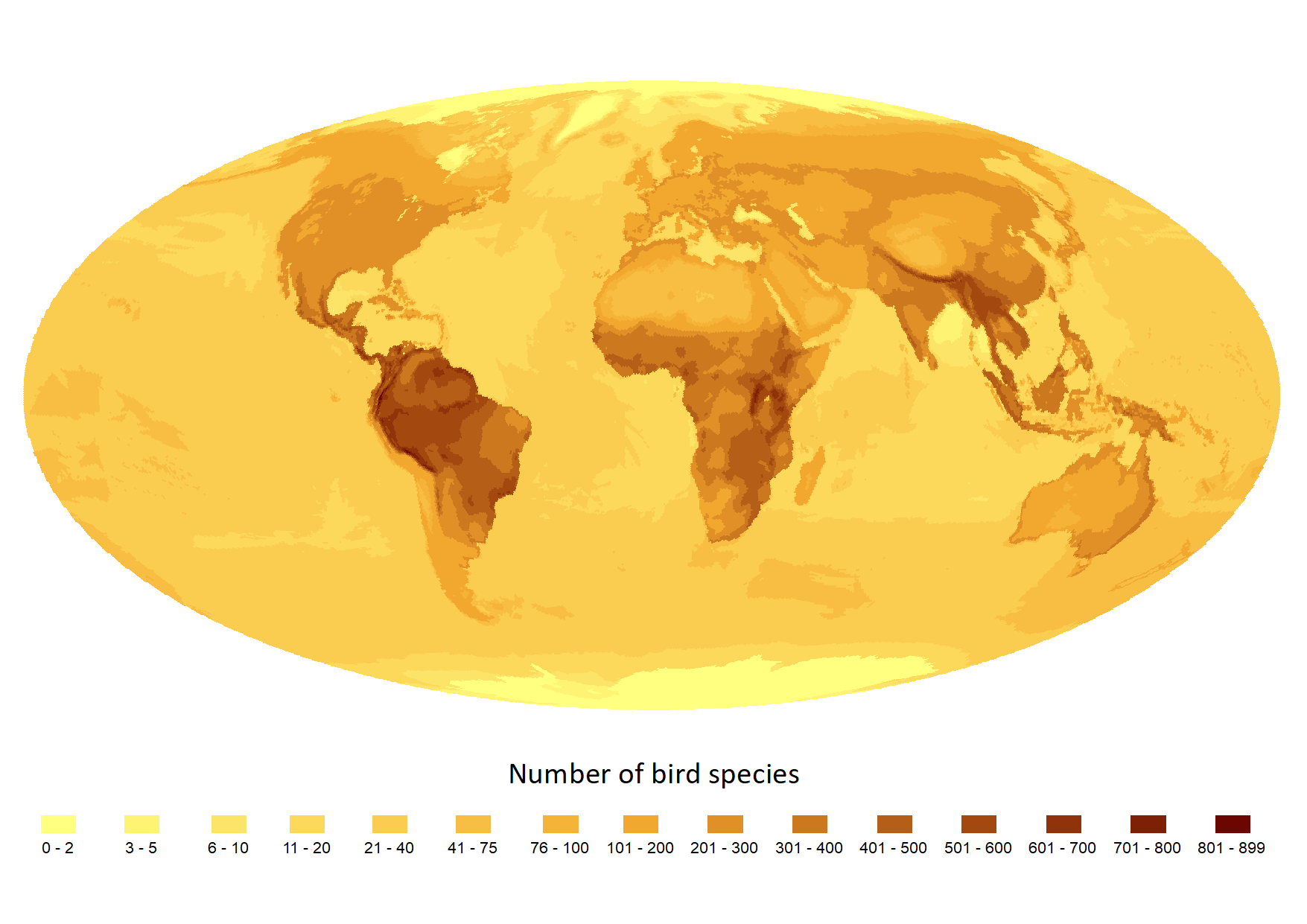a map of the world showing the number of bird species