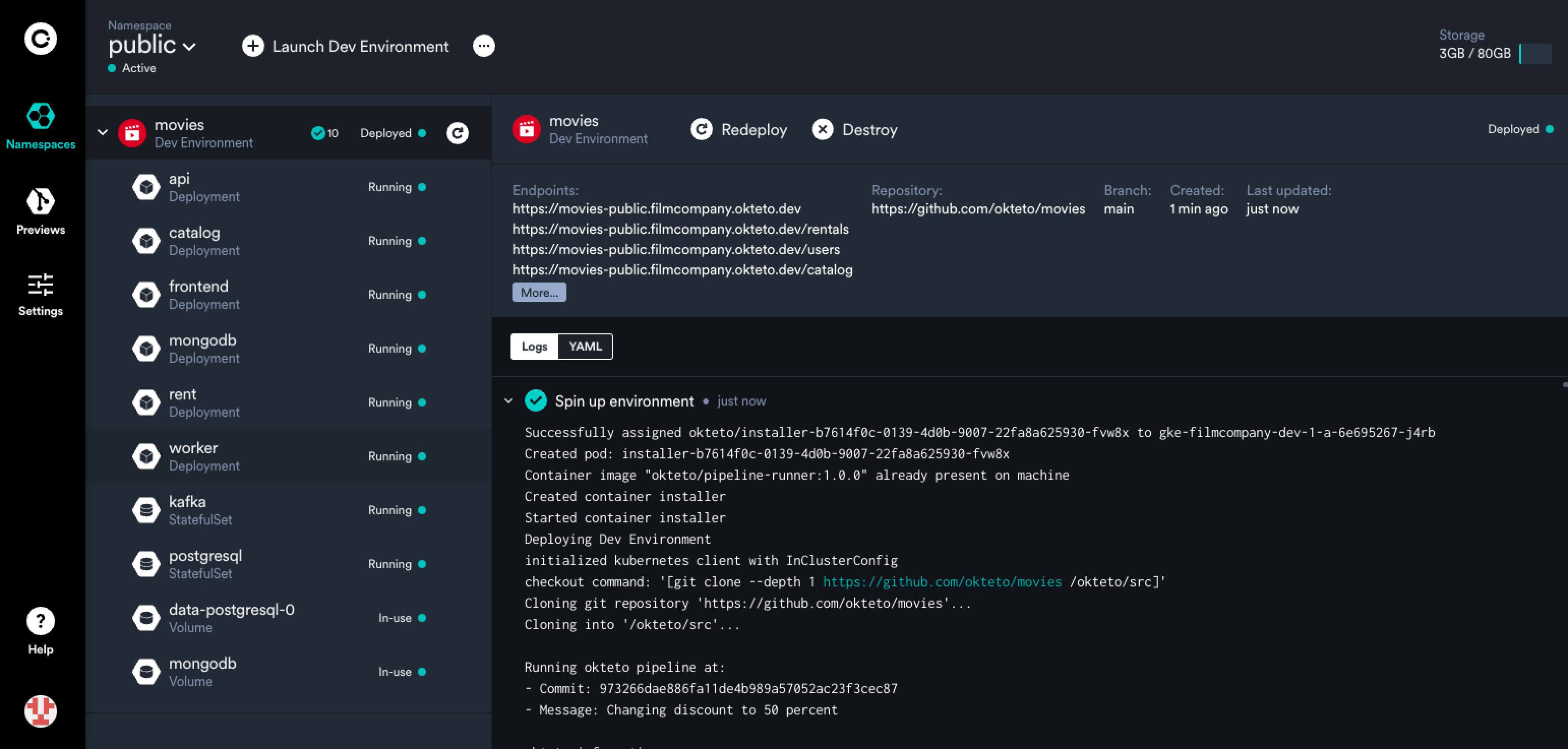 Screenshot of the Okteto application displaying ephemeral development environments