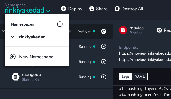 Screenshot of how to create a new namespace directly with the Okteto dashboard