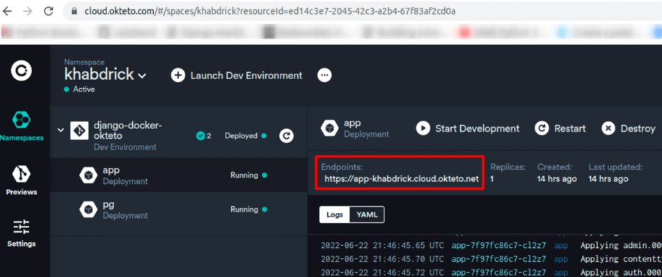 Endpoints on the Okteto dashboard