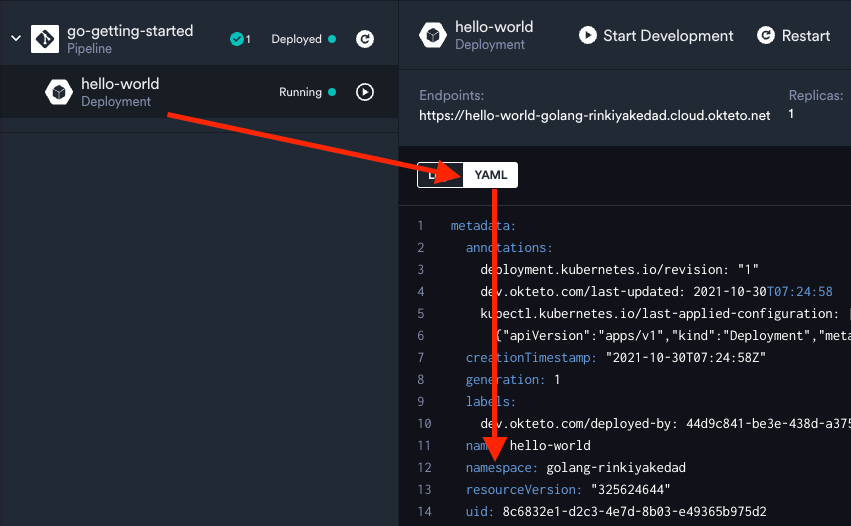 Screenshot of the application's yaml directly okteto Dashboard
