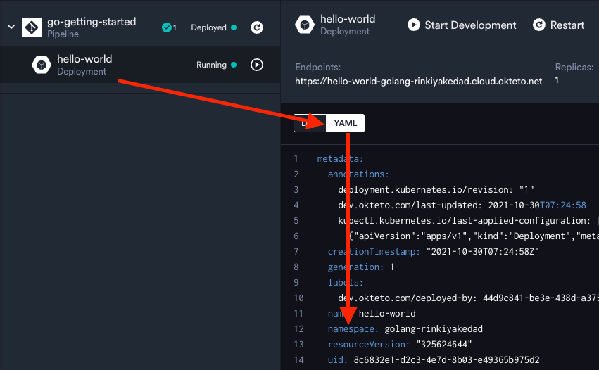 see the application's yaml directly okteto Dashboard