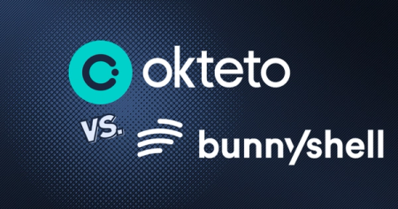 Graphic with okteto versus bunnyshell logos