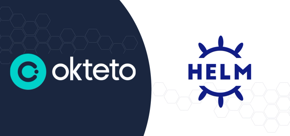 The image features the logos of Okteto and Helm. The background is split into two sections: the left side is dark blue with hexagonal patterns and contains the Okteto logo (a teal circle with a stylized "C" and the text "Okteto"), while the right side is white with subtle hexagonal patterns and displays the Helm logo (a ship's wheel with the word "HELM" in bold blue letters). The design emphasizes the collaboration or integration between Okteto and Helm, both tools commonly used in Kubernetes environments.