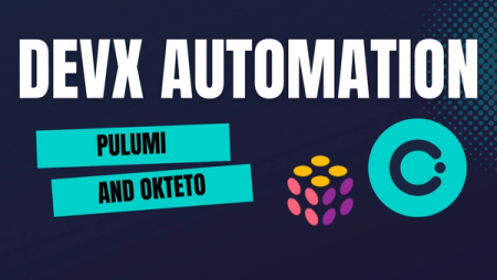 The image features the text "DevX Automation: Pulumi and Okteto" in bold white and blue letters. The background is dark with a dotted pattern on the right side. Below the main text are the logos of Pulumi (a colorful cube with interconnected dots) and Okteto (a teal circle with a stylized "C"). The design emphasizes automation in developer experience (DevX), particularly highlighting the use of Pulumi and Okteto as tools within this context.
