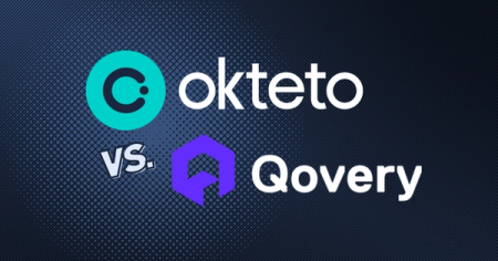 Graphic with okteto versus qovery logos