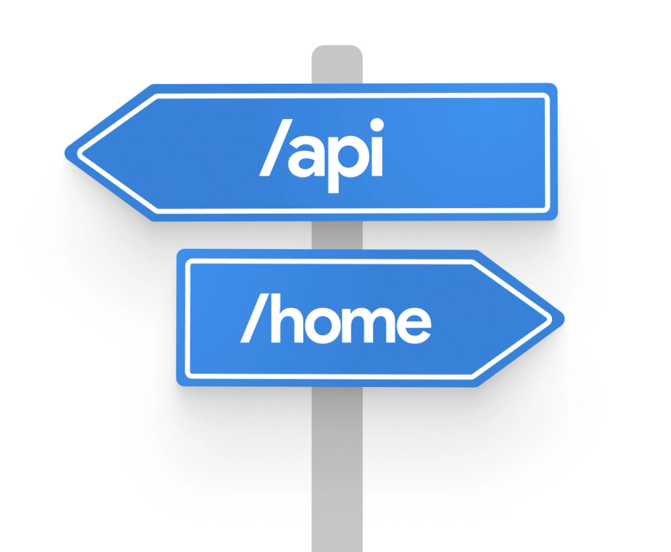 An image of Sign boards: pointing to the left it says '/api' pointing to the right it says 'home'