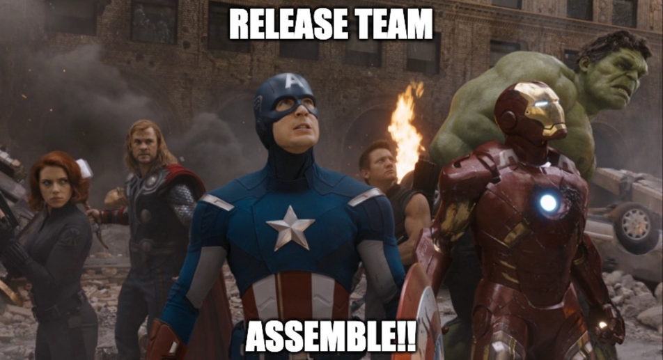Photo of avengers captioned: "Release Team Assemble!!"