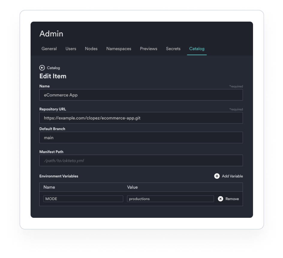 Setting up a catalog item in the Okteto admin dashboard