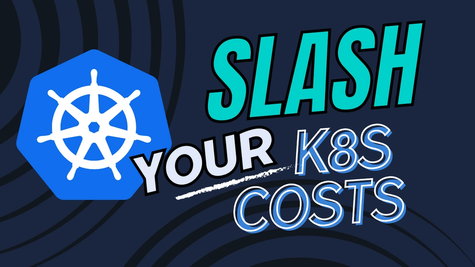 The image features the text "Slash Your K8s Costs" in bold green, white, and blue letters. The background is dark with subtle, wavy patterns. On the left side of the text is the Kubernetes logo, a white ship's wheel inside a blue hexagon. The design focuses on the concept of reducing costs associated with Kubernetes (K8s), a popular platform for automating deployment, scaling, and operations of application containers. The overall theme is about optimizing financial efficiency in Kubernetes operations.