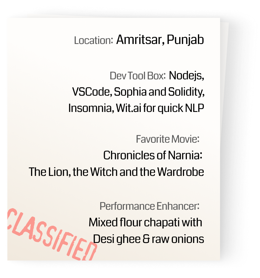 Jeevanjot Singh's folder with classified informations around location, dev tool box, favorite movie, etc